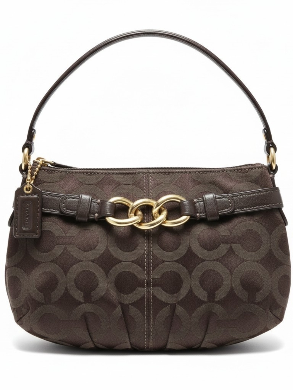 Coach Dark Brown Signature Wristlet with Gold Chain Rings